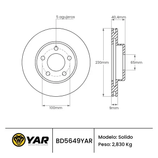 DISCO DE FRENO VOLKSWAGEN POLO T-CROSS NIVUS VIRTUS 1.0 1.4 1.6 - CANT AGUJEROS (5) - DIAM: ORIFICIO CENTRAL 65.000MM - DIAM: EXT 230.000MM - ESP: 9.0