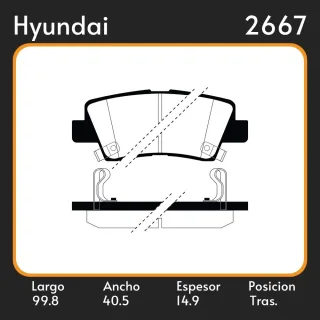PASTILLAS DE FRENO KIA SELTOS-SPORTAGE-RIO-CERATO  HYUNDAI ACCENT ELANTRA IONIQ TUCSON 1.6 2.0 / TRASERA / L=99.80 A=41.00 E=14.90 MEDIDAS UBICACIÓN 1