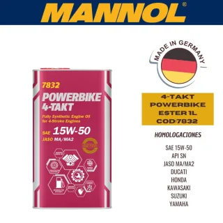ACEITE MOTO MANNOL 15W50 1L (METALICO) 4T POWERBIKE ESTER CAJA (X12U) API SM - JASO MA/MA2