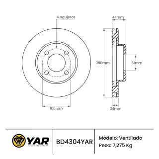 DISCO DE FRENO RENAULT CLIO MEGANE SCENIC 1.9 2.0 - CANT AGUJEROS (4) - DIAM: ORIFICIO CENTRAL 61.000MM - DIAM: EXT 280.000MM - ESP: 24.000MM - MODELO