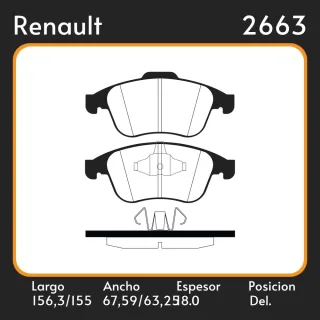 PASTILLAS DE FRENO RENAULT CLIO 1.6 RS KANGOO FLUENCE LAGUNA MEGANE III 1.6 2.0  2012 / DELANTERA / MEDIDAS L=156.30 A=67.5 63.5 E=18.00MM POS.(1197) 