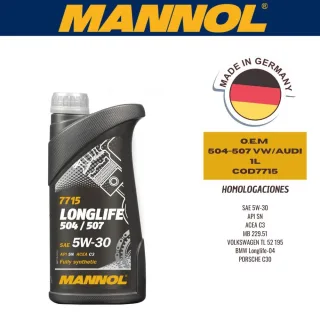 ACEITE SINTETICO MANNOL 5W30 O.E.M 504-507 VW/AUDI (PLASTICO) 1L CAJA (X20U) API SN - ACEA C3