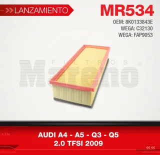 FILTRO AIRE AUDI A4 - A5 - Q3 - Q5 2.0 TFSI 2009 / WEGA C32130 / WEGA FAP9053 / OEM 8K0133843E
