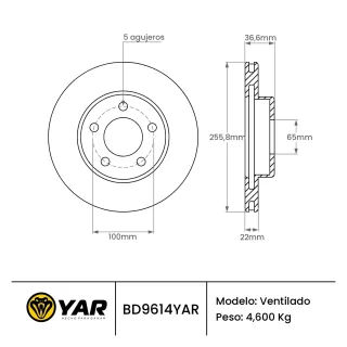 DISCO DE FRENO VOLKSWAGEN UP GOL TREND VOYAGE 1.0 1.6 SAVEIRO - CANT AGUJEROS (5) - DIAM: ORIFICIO CENTRAL 65.000MM - DIAM: EXT 255.800MM - ESP: 22.00
