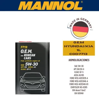 ACEITE SINTETICO MANNOL 5W30 O.E.M HYUNDAI/KIA 1L CAJA (X12U) API SN/CH4-ACEAA3/B4 GF5